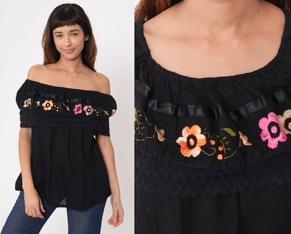 Mexican Floral Blouse 90s Off Shoulder Top Black Peasant Shirt Embroidered Flower Boho Crochet Puebla Hippie Cotton Vintage 1990s Medium
