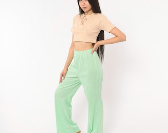 70s Mint Green Flare Pants Elastic Waist Wide Leg Trousers Bell Bottom Sage Pastel Spring Slacks Seafoam Vintage Womens Medium Large M L