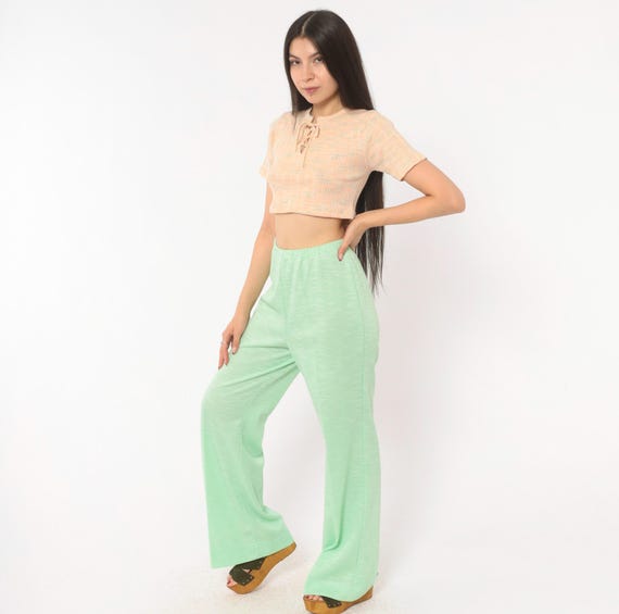 70s Mint Green Flare Pants Elastic Waist Wide Leg Trousers Bell Bottom Sage Pastel Spring Slacks Seafoam Vintage Womens Medium Large M L
