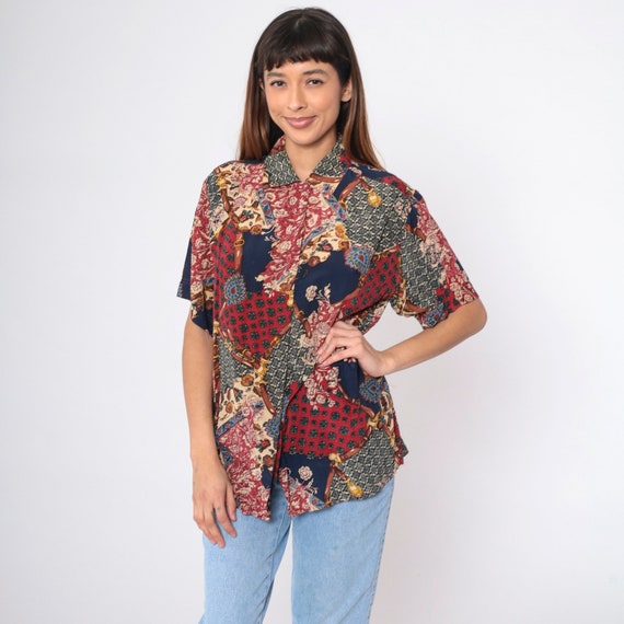 90s Baroque Equestrian Blouse Patchwork Floral Silk Shirt Horse Bridle Buckle Print Button Up Top 1990s Navy Blue Red Vintage Medium
