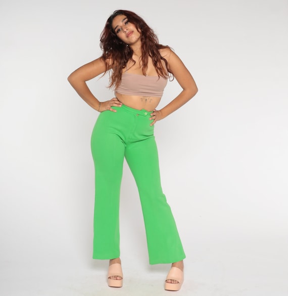 70s Lime Green Bell Bottoms Vintage Flared Pants Hippie Flares Bellbottom High Waisted Rise Bohemian Trousers Seventies 1970s Small S