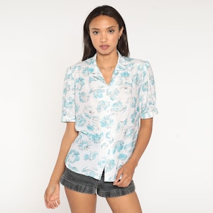 80s Floral Shirt White Puff Sleeve Blouse Button Up Shirt 1980s Baby Blue Watercolor Top Vintage Short Sleeve Bohemian Retro Large L