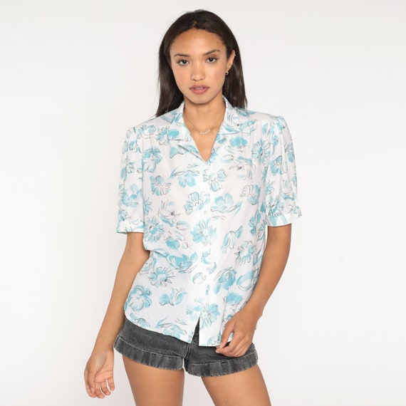 80s Floral Shirt White Puff Sleeve Blouse Button Up Shirt 1980s Baby Blue Watercolor Top Vintage Short Sleeve Bohemian Retro Large L