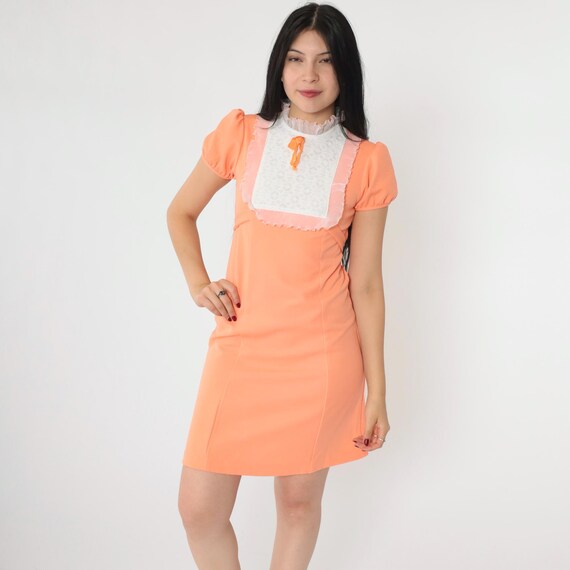 Vintage 70s Babydoll Dress Orange Mod Mini Lace Bib Puff Sleeve 60s Party Dolly Lolita Ruffle Bohemian Empire Waist Boho xxs Petite