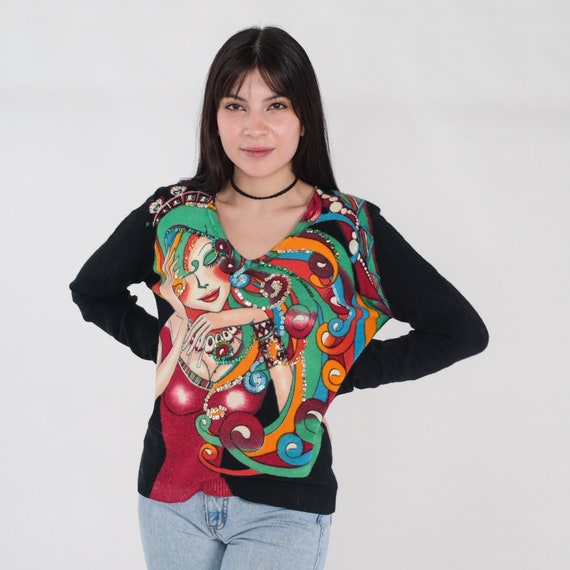 Sequin Sweater Y2k Novelty Print Pullover Knit Sweater Colorful Fantasy Woman Retro Statement Front Back Black Vintage 00s Acrylic Medium M