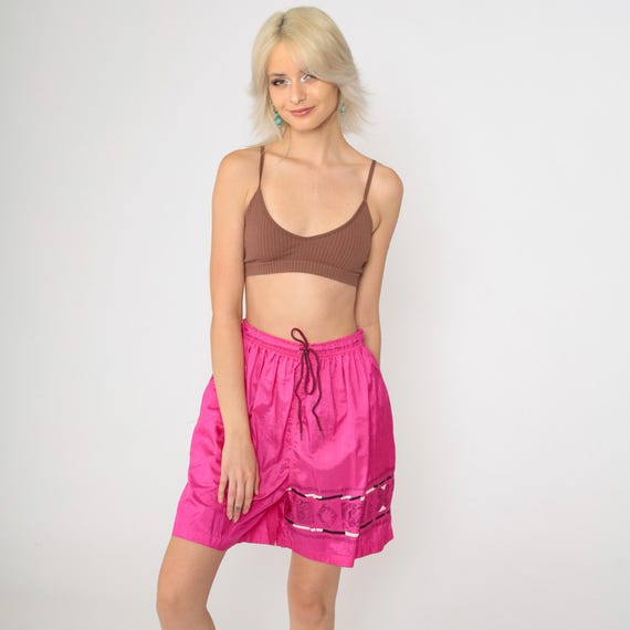 Vintage Hot Pink Nylon Shorts 80s 90s Athletic Shorts Unlined Drawstring Waist Retro High Waisted Jogging Beach Fuchsia 1990s Medium M