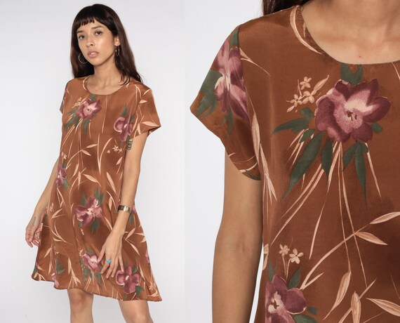 Floral Mini Dress 90s Brown Flower Print Short Sleeve 1990s Vintage Shift Mini Retro Summer MiniDress Festival A Line Polyester Medium