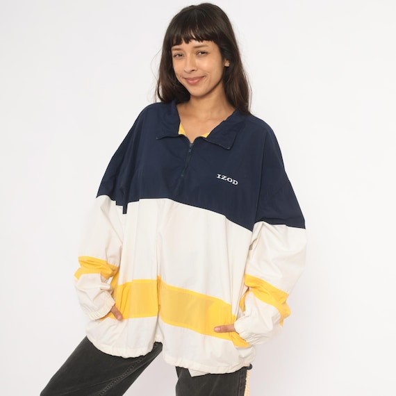 90s Izod Windbreaker Navy White Yellow Color Block Quater Zip Pullover Jacket Striped Nylon Anorak  Unisex Vintage Sailing Nautical Large L