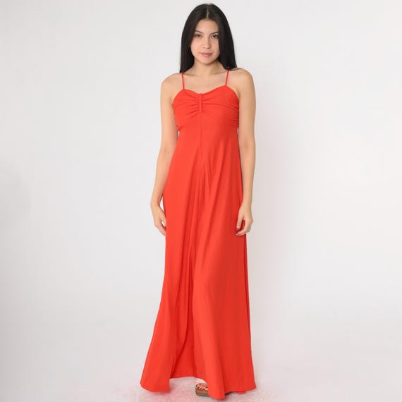 70s Grecian Dress Red 1970s Maxi Party Long Empire Waist Vintage Goddess Dress Ruched Prom Spaghetti Strap Tank Extra Small xs