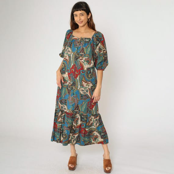 Vintage Paisley Caftan Dress 70s Boho Midi Hippie Zip Up Front 1970s Floral Peasant Flounce Hem Bohemian Balloon Sleeve Blue Red Small