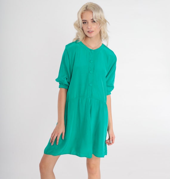 Green Dress 90s Button up Mini Dress Short Sleeve Shirtwaist Retro Plain Chic Classic Simple Preppy Vintage 1990s Nina Piccalina Medium M 8