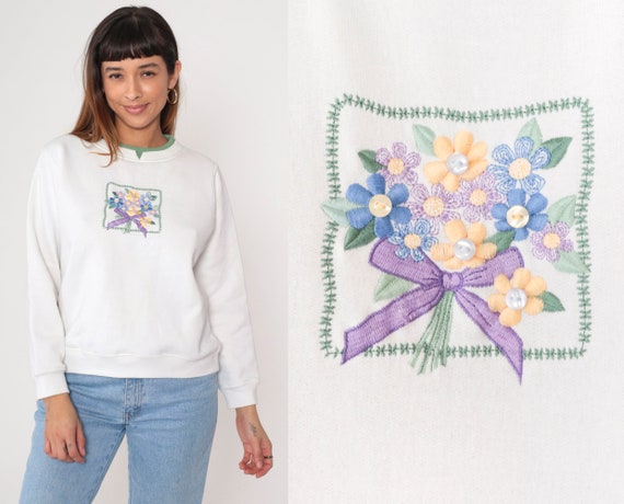 90s Floral Sweatshirt White Embroidered Flower Sweater Double Collar Crewneck Pullover Girly Kawaii Slouchy Vintage 1990s Petite Large L