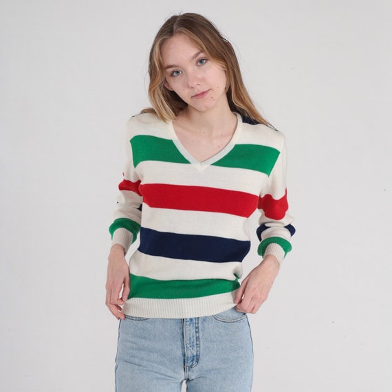 Striped Sweater 80s Knit Pullover V Neck Sweater … - image 2
