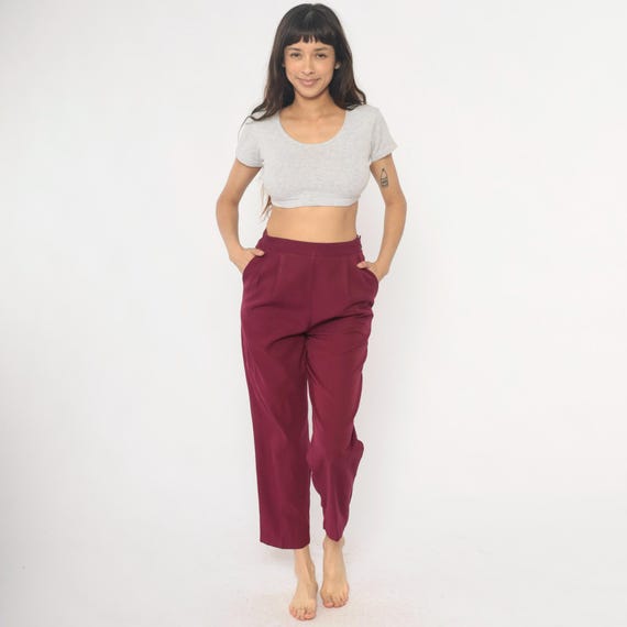 80s Burgundy Pleated Pants High Waist Tapered Leg Trousers Vintage Dark Academia Red Wine Grape Maroon Office Professional Pockets Medium M