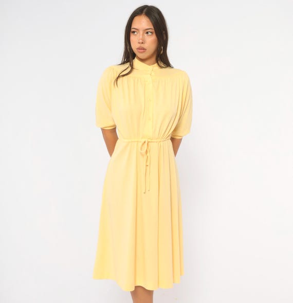 80s Butter Yellow Midi Dress Button Front Puff Sleeve Drawstring Waist A Line Pastel Yellow Short Sleeve Day Dress Melissa Petites Small S