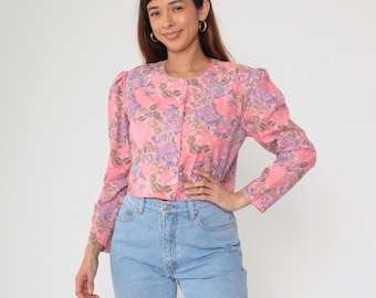 Floral Blouse 80s Pink Purple Rose Print CroppedLong Sleeve Puff Shoulder Vintage Romantic Cottagecore Prairie Dreamy Feminine Medium M