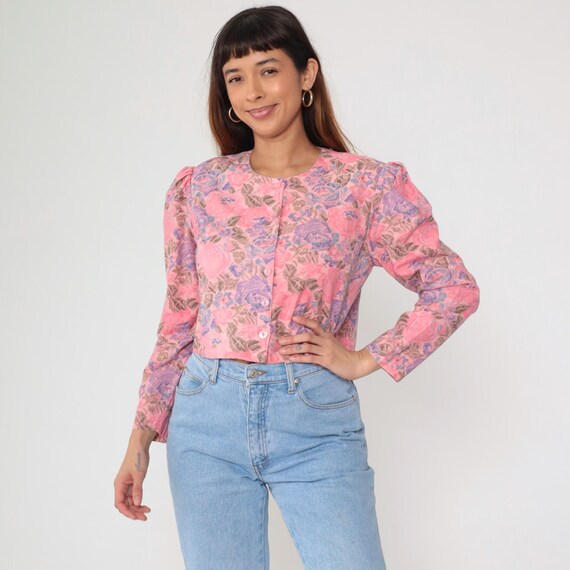 Floral Blouse 80s Pink Purple Rose Print CroppedLong Sleeve Puff Shoulder Vintage Romantic Cottagecore Prairie Dreamy Feminine Medium M