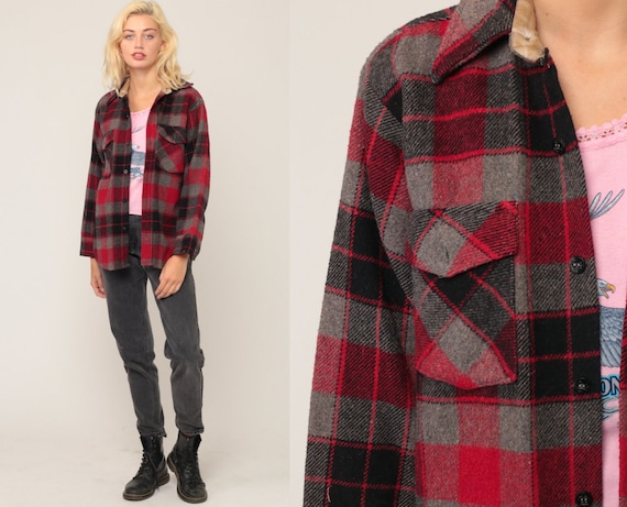 Wool Plaid Shirt 70s Red Flannel Checkered Grunge Lumberjack Flannel Long Sleeve Black Button Up 1970s Vintage Small Medium