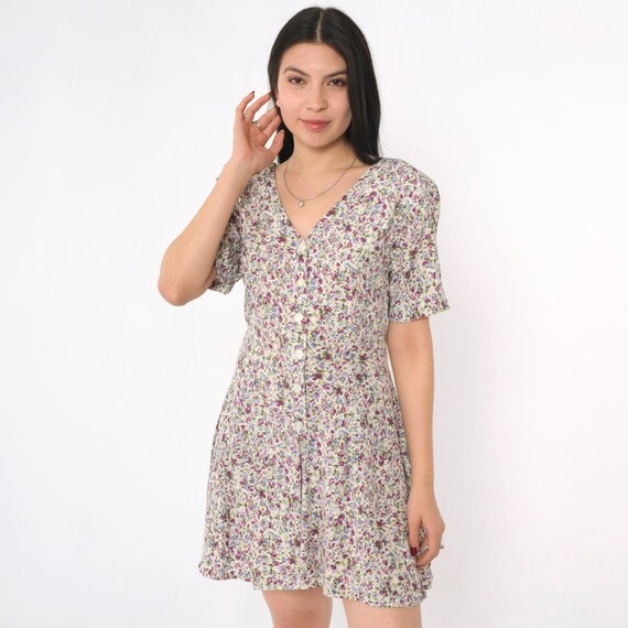 Vintage Purple Floral Romper 90s Criss-Cross Cutout Back Wildflower Playsuit Shorts Wide Leg 1990s Short Sleeve Button Up Jumpsuit Small 5