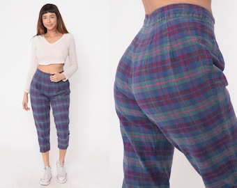 90s Plaid Capri Pants Stirrup Cropped Tartan Trousers Purple Blue High Waist Rise Capris Ankle Retro Basic Vintage 1990s Small Medium