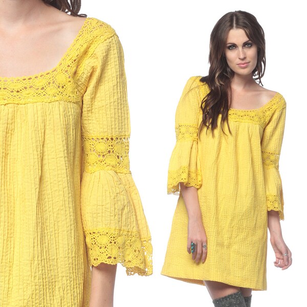 Boho Hippie Dress 70s Mini Crochet Cut Out BELL SLEEVE 1970s Yellow Pintuck Tunic Festival Bohemian Chic Cotton Tent Dress Small Medium