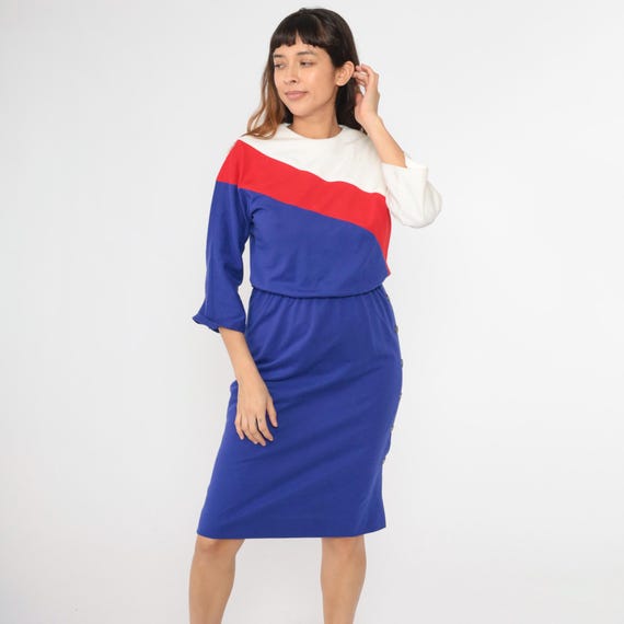 Vintage Color Block Dress 80s Midi Dress Blue Red White Long Sleeve High Elastic Waist 1980s Button Side Casual Elastic Waist Small Petite