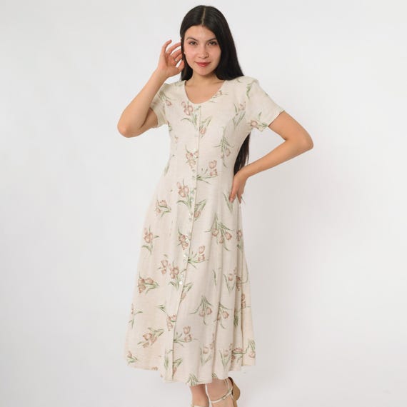 Floral Midi Dress 90s Soft Grunge Button Front Short Sleeve V Neck Summer Day Cottage Core Prairie Vintage Feminine Romantic Small S 6