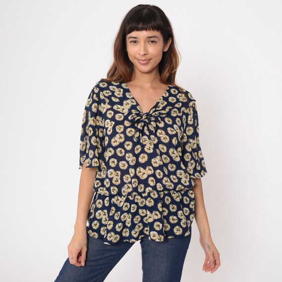 90s Floral Blouse Navy Blue Tie Neck Peplum Hem Shirt Nautical Sailor Short Flutter Sleeve Top Yellow 1990s Vintage Extra Large xl