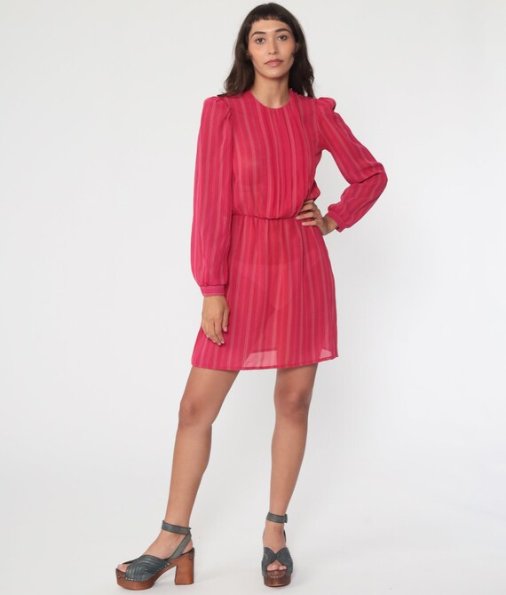 80s Puff Sleeve Dress Pink Striped Semi-Sheer Mini Secretary Dress Puffy High Waisted Boho 1980s Retro Vintage Minidress Extra Small xs