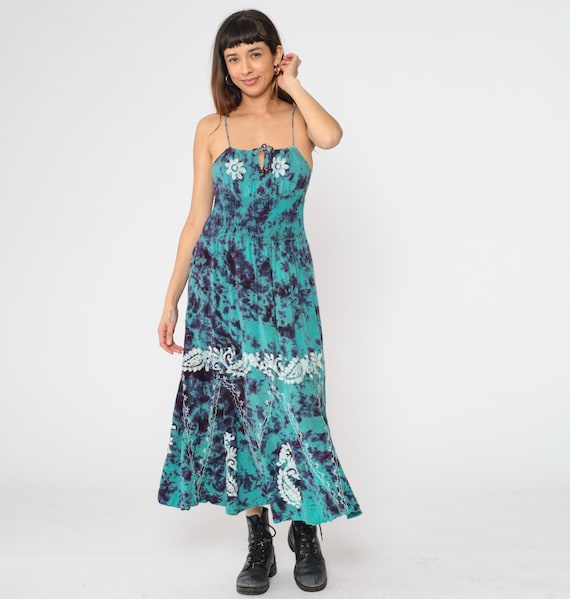 Tie Dye Sun Dress Turquoise Purple Smocked Hippie Embroidered Paisley Dress Summer Midi Boho Sundress 00s Bohemian Vintage Small Medium
