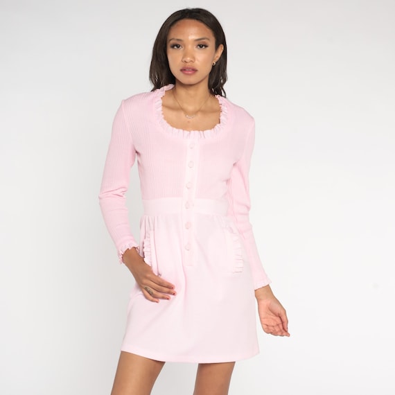 Light Pink Dress 60s 70s Mod Mini Dress Ruffled Button up Dress Pastel Baby Pink Twiggy Long Sleeve Party Plain Go Go Vintage 1970s Small S