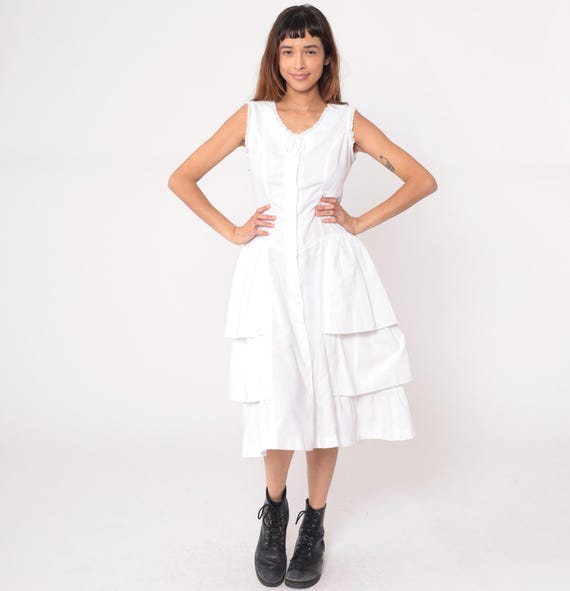 White Prairie Dress 90s Cotton Sleeveless V Neck Lace Trim Tiered Ruffled Cottagecore Eyelet Peasant Festival Tank Summer Vintage Large L