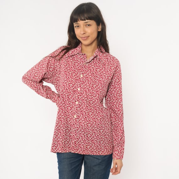 70s Lamb Print Shirt Baby Sheep Van Heusen Button Front Red White Collared Blouse Vintage Novelty Office Work Business Professional Large L