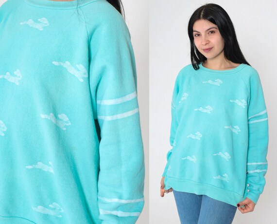 80s Bunny Sweatshirt Aqua Blue Rabbit Sweatshirt Animal Sweatshirt Graphic Shirt Raglan Sleeve Bleached White 1980s Vintage Extra Large xl