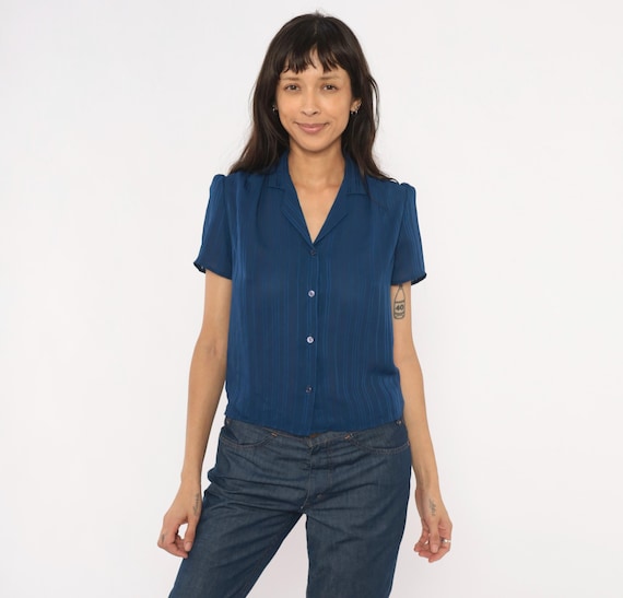 80s Navy Striped Blouse Shana Camp Collar Semi Sheer Top Notched Lapel Puff Shoulder Gathered V Neck Shirt Cobalt Blue Vintage Small S