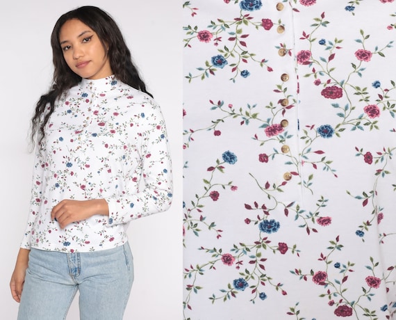 Floral Mock Neck Shirt White Long Sleeve Henley Button Up Top 90s Quarter Button Shirt Vintage 80s Wildflower Grunge Shirt 1990s Small S