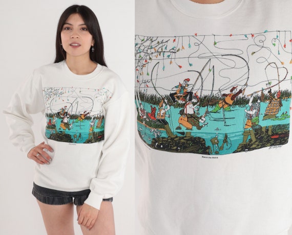 Fly Fishing Sweatshirt 90s Funny Fish Cartoon Sweater Match The Hatch B Johnson Graphic Shirt Joke White Vintage 1990s Jerzees Medium