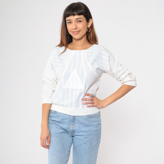 80s Striped T-Shirt Baby Blue White Slouchy Tee Shirt Retro Geometric Short 1/2 Sleeve Top Casual Vintage 1980s Petite Small