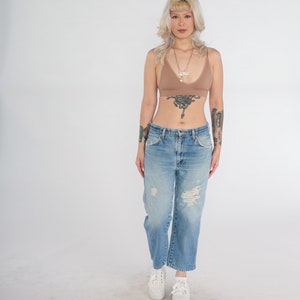 Vintage Ripped Jeans 90s Rustler Ankle Jeans Mid Rise Straight Leg Relaxed Cropped Denim Pants Blue Mom Jeans Boyfriend Retro 1990s Large 32