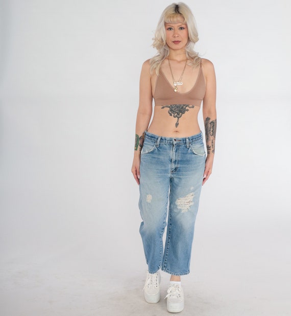 Vintage Ripped Jeans 90s Rustler Ankle Jeans Mid Rise Straight Leg Relaxed Cropped Denim Pants Blue Mom Jeans Boyfriend Retro 1990s Large 32