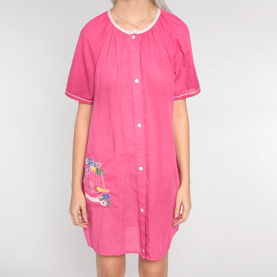 Pink Nightie 80s Pajama Dress Floral Bird Embroid… - image 9