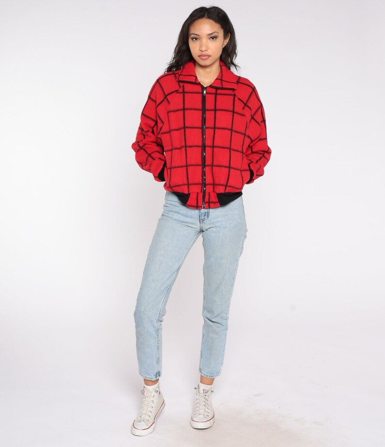 Polar Fleece Jacket 80s Red Plaid Sweatshirt Checkered Zip Up Fleece Bomber Jacket 1980s Cozy Black Vintage Retro Mens Small S image 2