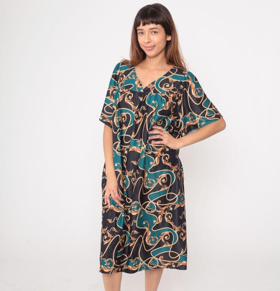 Abstract Summer Dress Y2K Paisley Scrollwork Teal Black Orange Cream Pattern Vintage Festival Caftan Style Plus Size Extra Extra Large XXL