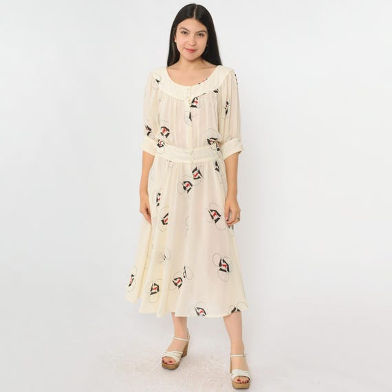 70s Sheer Floral Dress Vintage Cream Midi Blouson Bohemian