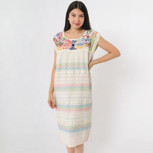 Vintage Embroidered Mexican Dress 90s Off White Floral Bird Dress Hippie Boho Midi Folk Summer Festival 1990s Cotton Small S