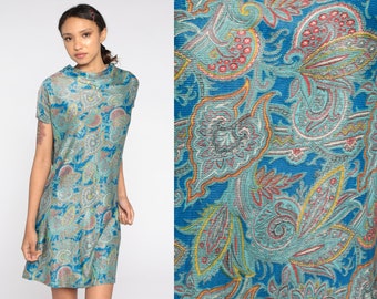 Paisley Dress 60s Mod Psychedelic Print Mini Dress Boho 70s Hippie Dress Bohemian Shift Vintage 1960s Blue Cap Sleeve Minidress Medium