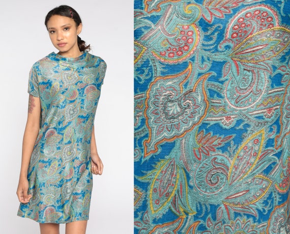 Paisley Dress 60s Mod Psychedelic Print Mini Dress Boho 70s Hippie Dress Bohemian Shift Vintage 1960s Blue Cap Sleeve Minidress Medium