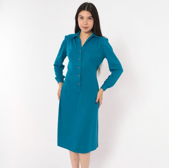 70s Teal Shirt Dress Wool Blend Button Front Collar Tie Waist Long Sleeve Gathered Yoke A Line Blue Vintage Schrader Sport Petites Medium M