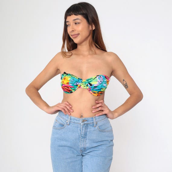 90s Strapless Bikini Top Catalina Tropical Jungle Print Bandeau Bathing Suit Top Vintage Floral Swimwear Women’s Small xs