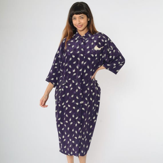 Vintage 80s Button Up Dress Purple Embossed Grid Leaf Print Wide Sleeve Midi Dress Pocket Square Shirtdress High Waist 1980s Large xl